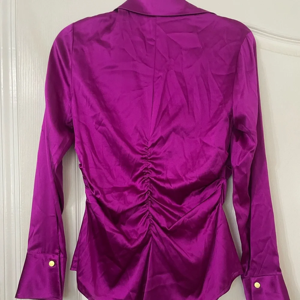 Cache Satin Ruched Button-Front Blouse - Magenta - Picture 4 of 4